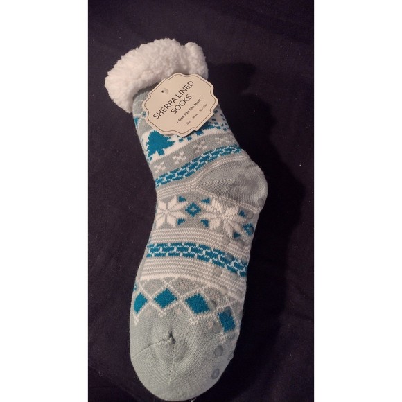 Sherpa Lined Slipper Socks w/Gripper Bottom - Fair Isle/Blue - Picture 1 of 3
